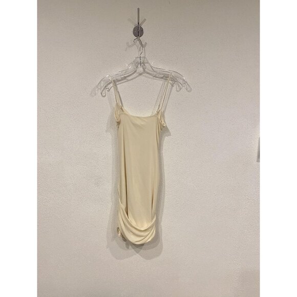 Oh Polly Dress Womens 4 Beige Ruched Mini Bodycon Sleeveless Drawstring New - Picture 5 of 5